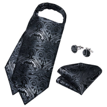 Silver Black Paisley Silk Cravat Woven Ascot Tie Pocket Square Handkerchief Suit Set