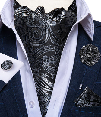 Black Silver Paisley Silk Cravat Woven Ascot Tie Pocket Square Handkerchief Suit with Lapel Pin Brooch Set