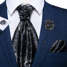 Black Silver Paisley Silk Cravat Woven Ascot Tie Pocket Square Handkerchief Suit with Lapel Pin Brooch Set