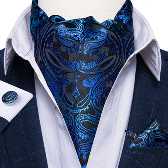Blue Black Paisley Silk Cravat Woven Ascot Tie Pocket Square Handkerchief Suit Set