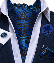 Black Blue Paisley Silk Cravat Woven Ascot Tie Pocket Square Handkerchief Suit with Lapel Pin Brooch Set