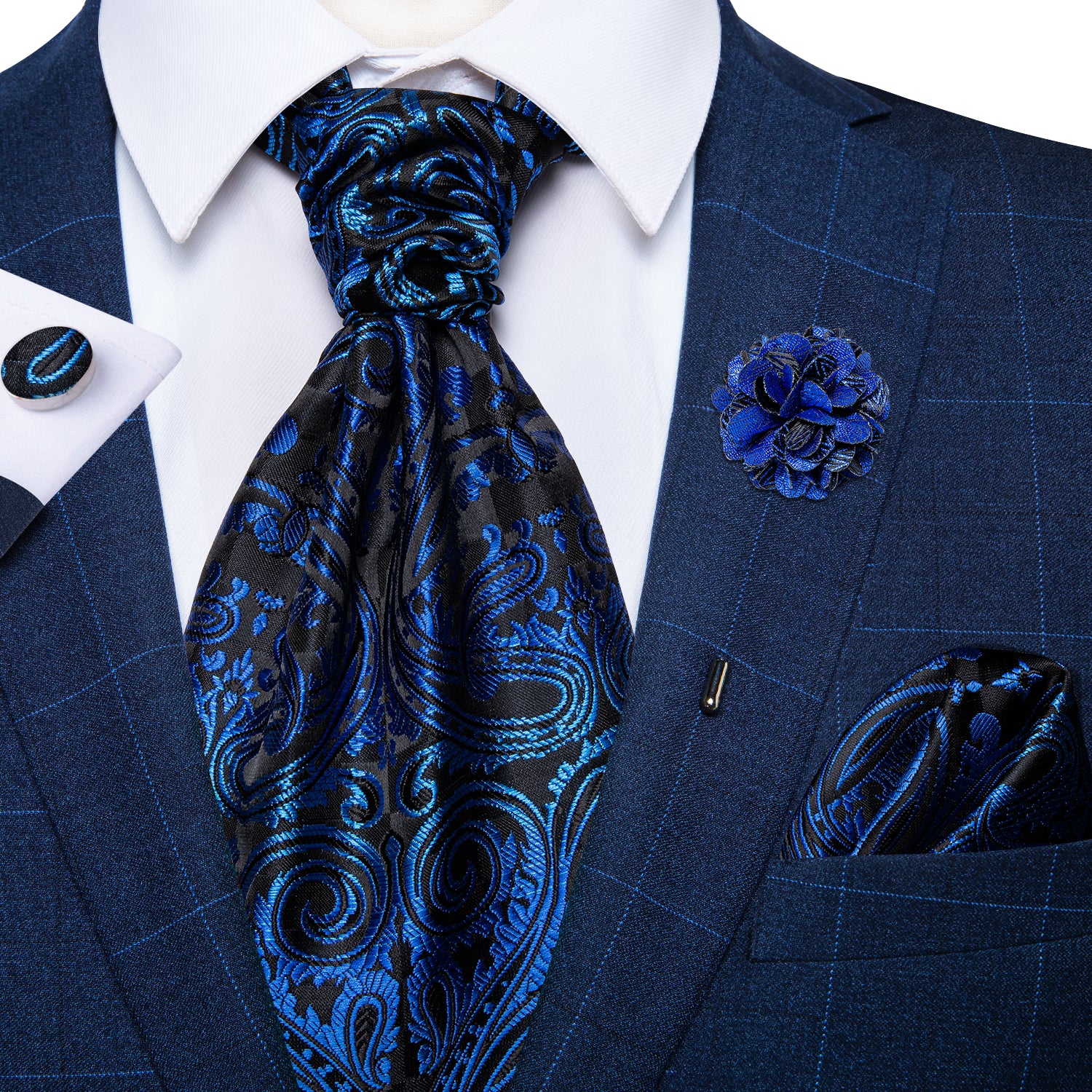 Black Blue Paisley Silk Cravat Woven Ascot Tie Pocket Square Handkerchief Suit with Lapel Pin Brooch Set
