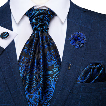 Black Blue Paisley Silk Cravat Woven Ascot Tie Pocket Square Handkerchief Suit with Lapel Pin Brooch Set