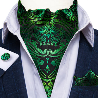 Green Gold Paisley Silk Cravat Woven Ascot Tie Pocket Square Handkerchief Suit Set