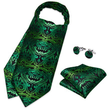 Green Gold Paisley Silk Cravat Woven Ascot Tie Pocket Square Handkerchief Suit Set