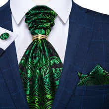 Black Green Paisley Silk Cravat Woven Ascot Tie Pocket Square Cufflinks With Tie Ring Set
