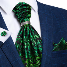 Black Green Paisley Silk Cravat Woven Ascot Tie Pocket Square Cufflinks With Tie Ring Set