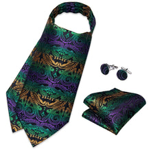 Purple Green Paisley Silk Cravat Woven Ascot Tie Pocket Square Handkerchief Suit Set