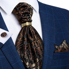 Black Gold Paisley Silk Cravat Woven Ascot Tie Pocket Square Cufflinks With Tie Ring Set