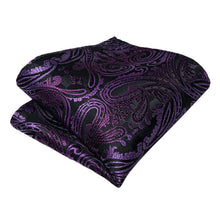 Purple Black Paisley Silk Cravat Woven Ascot Tie Pocket Square Handkerchief Suit Set