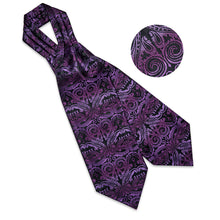 Purple Black Paisley Silk Cravat Woven Ascot Tie Pocket Square Handkerchief Suit Set