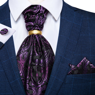 Black Purple Paisley Silk Cravat Woven Ascot Tie Pocket Square Cufflinks With Tie Ring Set