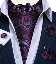 Black Purple Paisley Silk Cravat Woven Ascot Tie Pocket Square Handkerchief Suit with Lapel Pin Brooch Set