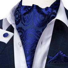 Navy blue Paisley Silk Cravat Woven Ascot Tie Pocket Square Handkerchief Suit Set