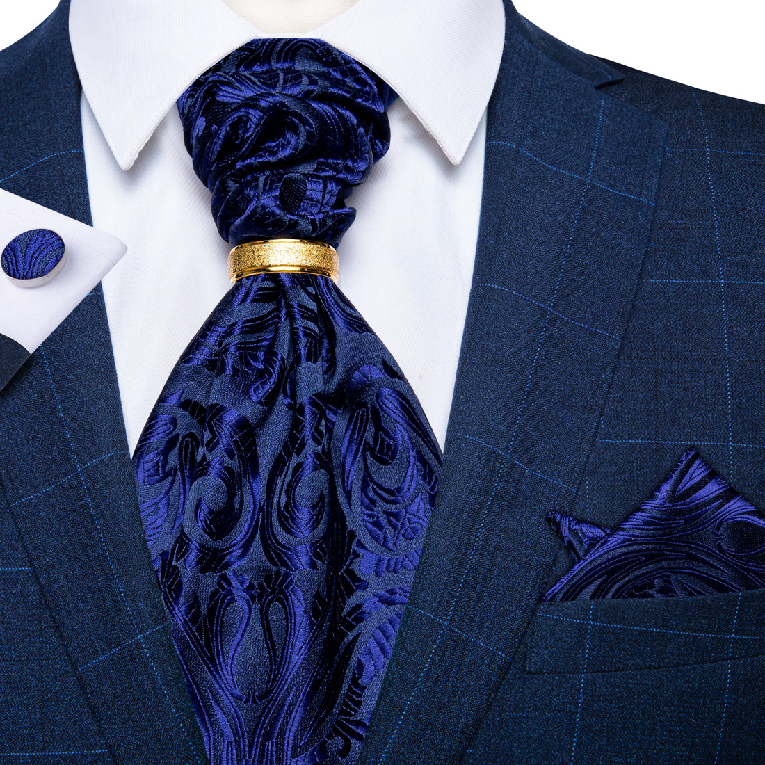 Blue Paisley Silk Cravat Woven Ascot Tie Pocket Square Cufflinks With Tie Ring Set