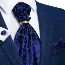 Blue Paisley Silk Cravat Woven Ascot Tie Pocket Square Cufflinks With Tie Ring Set
