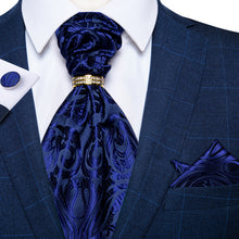 Blue Paisley Silk Cravat Woven Ascot Tie Pocket Square Cufflinks With Tie Ring Set