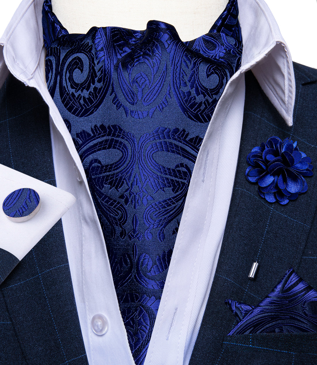 Blue Floral Silk Cravat Woven Ascot Tie Pocket Square Handkerchief Suit with Lapel Pin Brooch Set