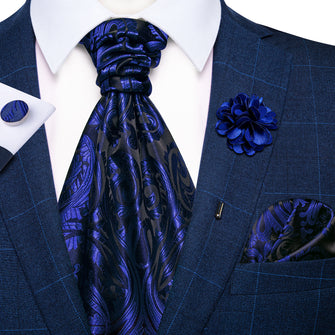 Blue Floral Silk Cravat Woven Ascot Tie Pocket Square Handkerchief Suit with Lapel Pin Brooch Set