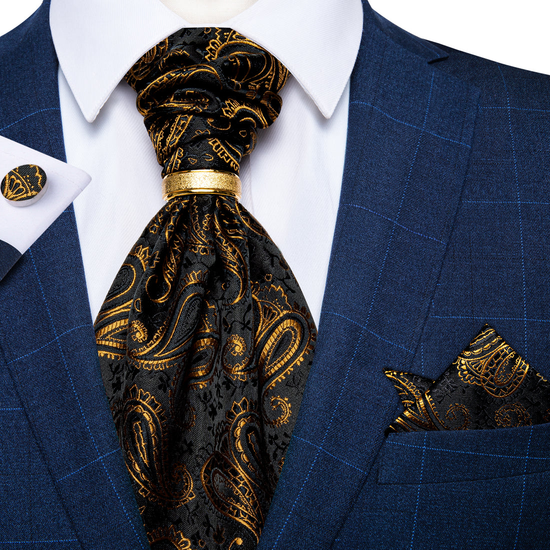 Black Gold Paisley Silk Cravat Woven Ascot Tie Pocket Square Cufflinks With Tie Ring Set