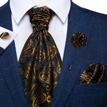 Black Golden Paisley Silk Cravat Woven Ascot Tie Pocket Square Handkerchief Suit with Lapel Pin Brooch Set