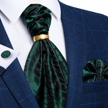 Green Black Texture Silk Cravat Woven Ascot Tie Pocket Square Handkerchief with Tie Ring Set