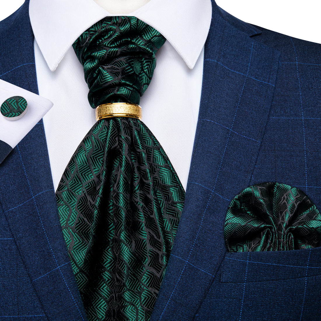 Green Black Texture Silk Cravat Woven Ascot Tie Pocket Square Handkerchief with Tie Ring Set