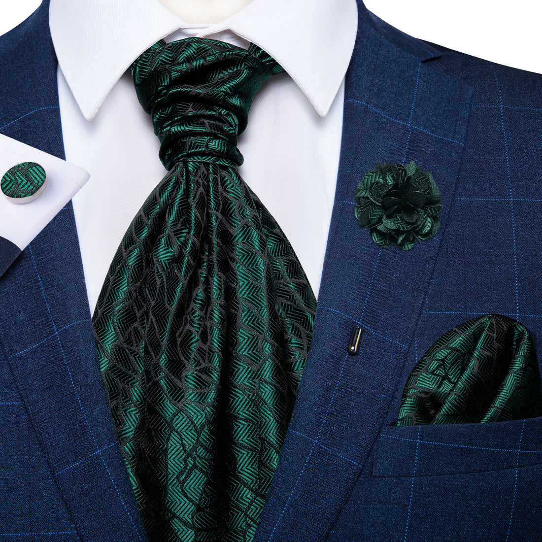 Black Texture Silk Cravat Woven Ascot Tie Pocket Square Handkerchief Suit with Lapel Pin Brooch Set