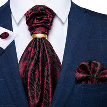 Red texture Silk Cravat Woven Ascot Tie Pocket Square Handkerchief with Tie Ring Set