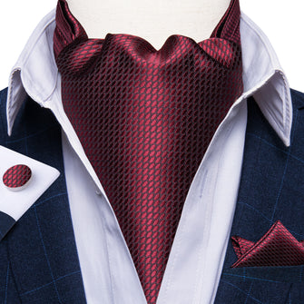 Red dotted Silk Cravat Woven Ascot Tie Pocket Square Handkerchief Suit Set