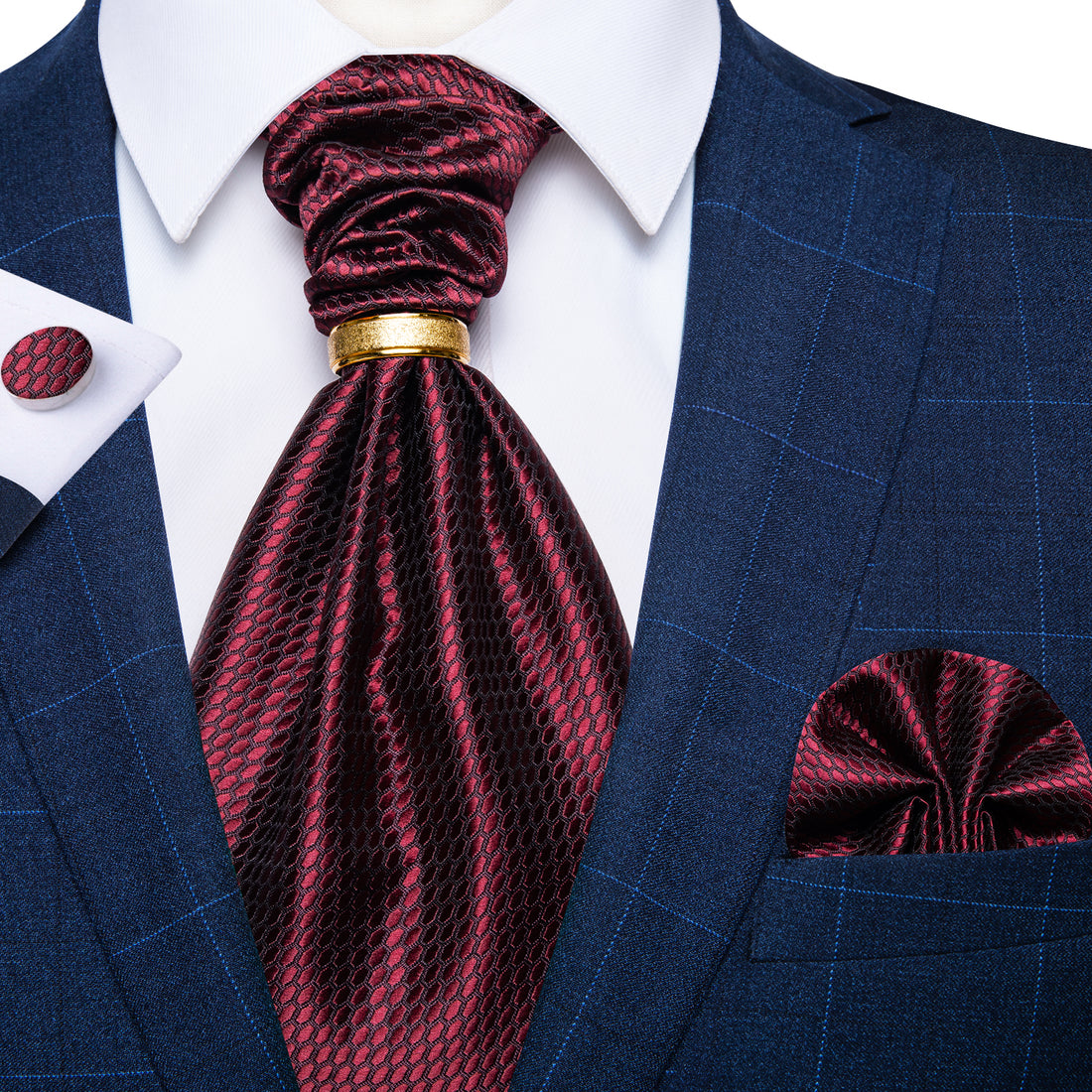 Red dotted Silk Cravat Woven Ascot Tie Pocket Square Handkerchief with Tie Ring Set