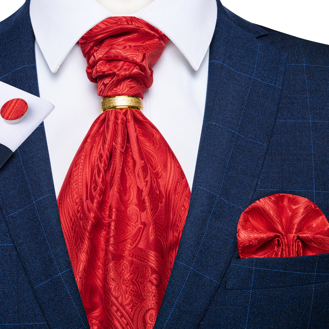 Red Floral Silk Cravat Woven Ascot Tie Pocket Square Handkerchief with Tie Ring Set