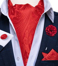 Red Floral Silk Cravat Woven Ascot Tie Pocket Square Handkerchief Suit with Lapel Pin Brooch Set