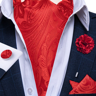 Red Floral Silk Cravat Woven Ascot Tie Pocket Square Handkerchief Suit with Lapel Pin Brooch Set