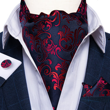 Blue Red Floral Silk Cravat Woven Ascot Tie Pocket Square Handkerchief Suit Set