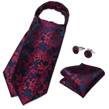 Blue Red Floral Silk Cravat Woven Ascot Tie Pocket Square Handkerchief Suit Set