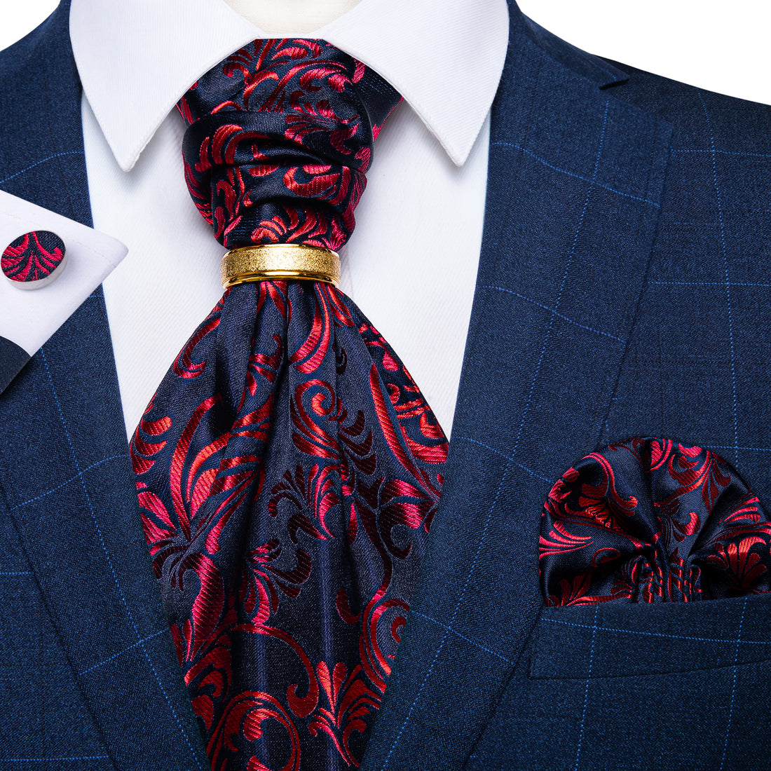 Blue Red Floral Silk Cravat Woven Ascot Tie Pocket Square Handkerchief with Tie Ring Set