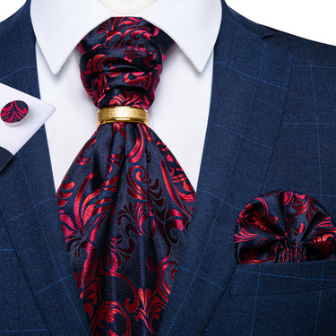 Blue Red Floral Silk Cravat Woven Ascot Tie Pocket Square Handkerchief with Tie Ring Set