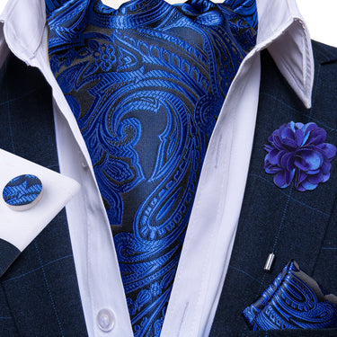 Blue Floral Silk Cravat Woven Ascot Tie Pocket Square Handkerchief Suit with Lapel Pin Brooch Set