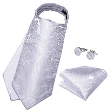 Silver Floral Silk Cravat Woven Ascot Tie Pocket Square Handkerchief Suit Set