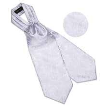 Silver Floral Silk Cravat Woven Ascot Tie Pocket Square Handkerchief Suit Set