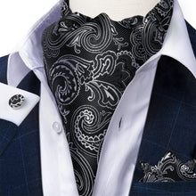 Black Silver Floral Silk Cravat Woven Ascot Tie Pocket Square Handkerchief Suit Set