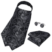 Black Silver Floral Silk Cravat Woven Ascot Tie Pocket Square Handkerchief Suit Set