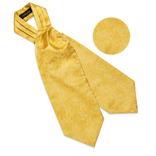 Yellow Gold Paisley Silk Cravat Woven Ascot Tie Pocket Square Handkerchief Suit Set