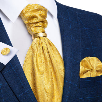 Yellow Gold Paisley Silk Cravat Woven Ascot Tie Pocket Square Cufflinks With Tie Ring Set