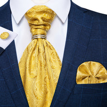 Yellow Gold Paisley Silk Cravat Woven Ascot Tie Pocket Square Cufflinks With Tie Ring Set