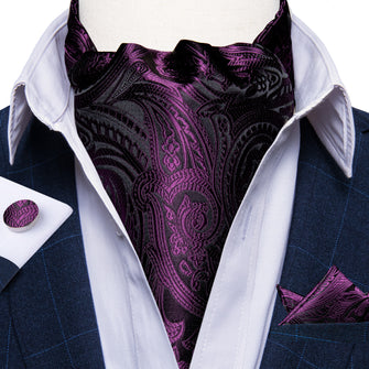 Purple Floral Silk Cravat Woven Ascot Tie Pocket Square Handkerchief Suit Set