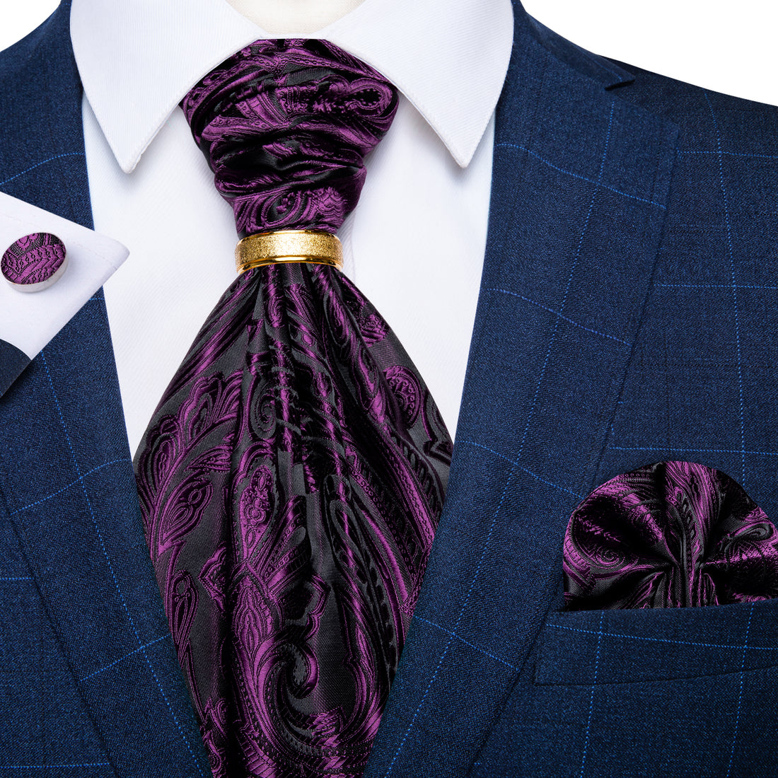 Purple Floral Silk Cravat Woven Ascot Tie Pocket Square Cufflinks With Tie Ring Set