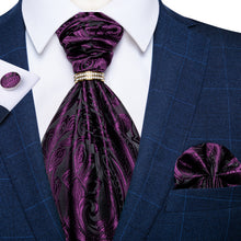 Purple Floral Silk Cravat Woven Ascot Tie Pocket Square Cufflinks With Tie Ring Set