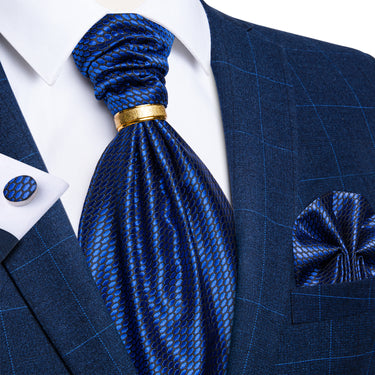 Blue Dotted Silk Cravat Woven Ascot Tie Pocket Square Cufflinks With Tie Ring Set